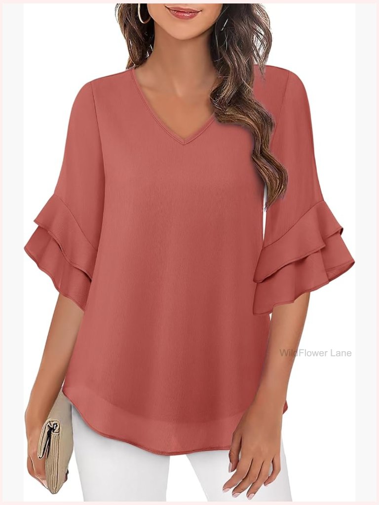 3/4 Sleeve Dressy Blouse Double Layer V Neck Work Top